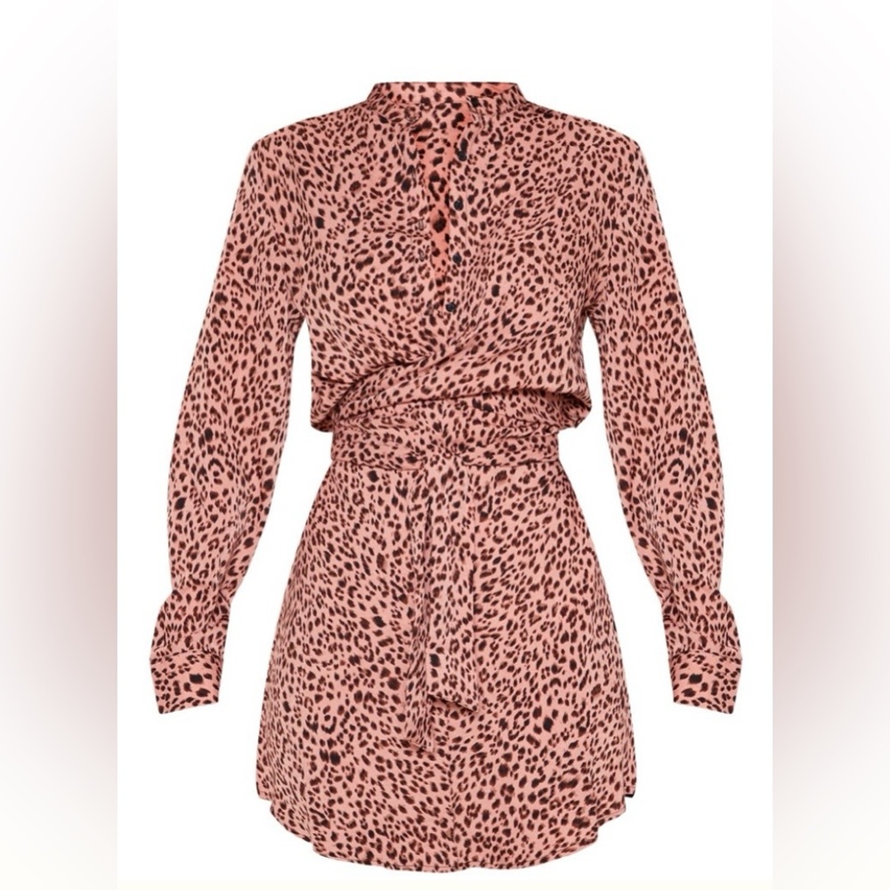 Pink Leopard Print Tie Waist Collarless Shirt Dress 4 - Picture 3 of 7